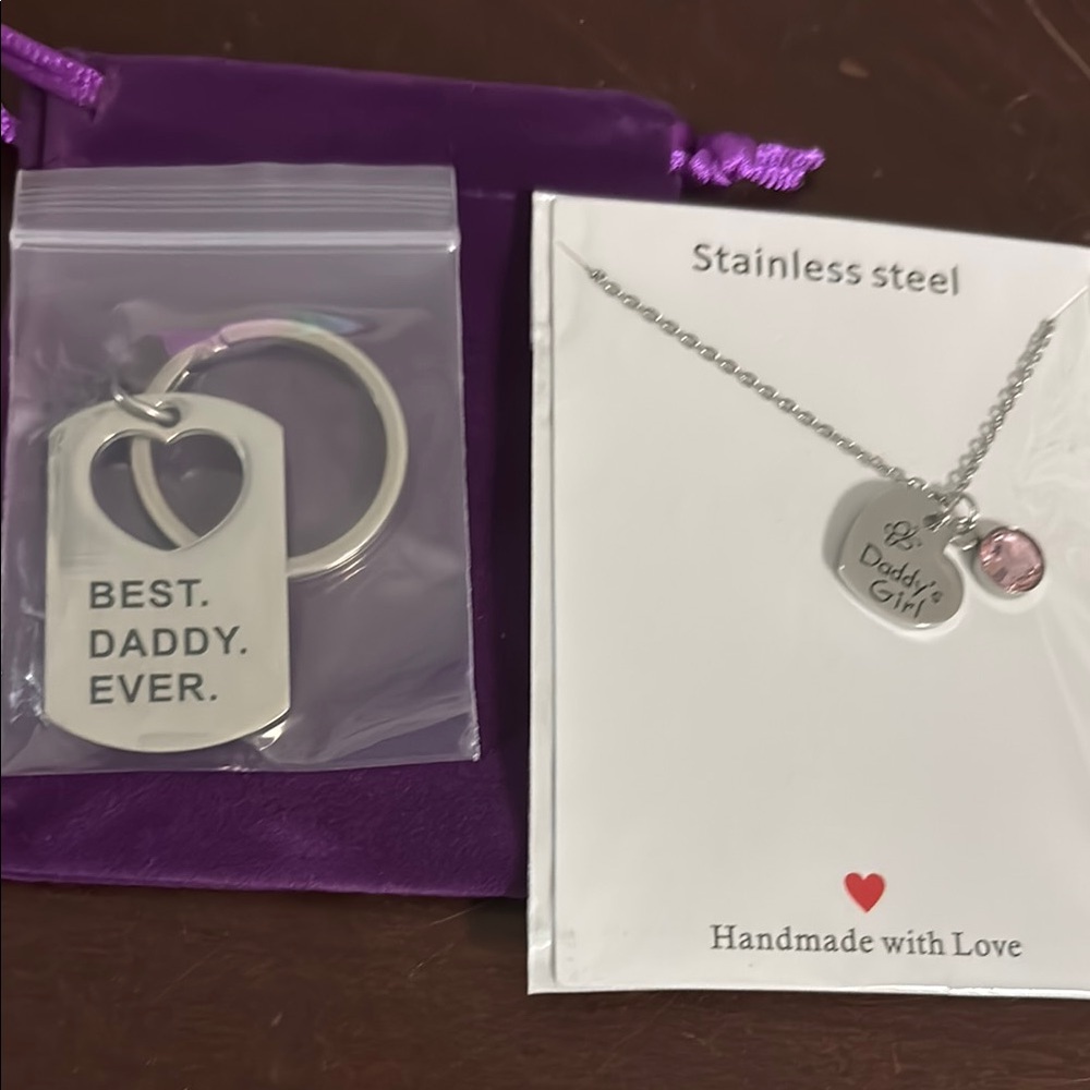 Heart Necklace with Pink Gem Charm & Key Chain